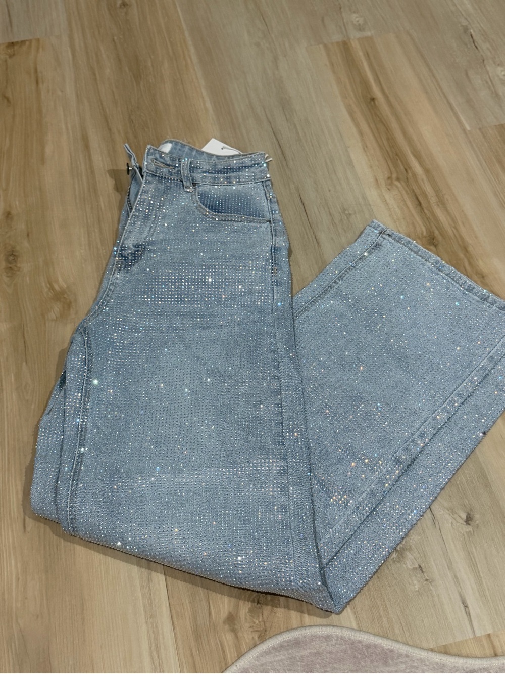 Light Blue Crystal-Embellished Wide Leg Jeans